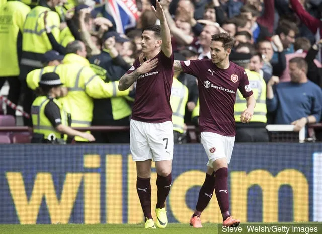 Heartsin Jamie Walker juhlii maaliaan Ladbrokes Scottish Premiership -ottelussa Heartsin ja Celticin välillä 7. elokuuta 2016 Glasgow Edinburghissa.' title='Raportti paljastaa Rangersin suunnitelmat uudesta Aaron Nemanesta; Jamie Walker halusi edelleen