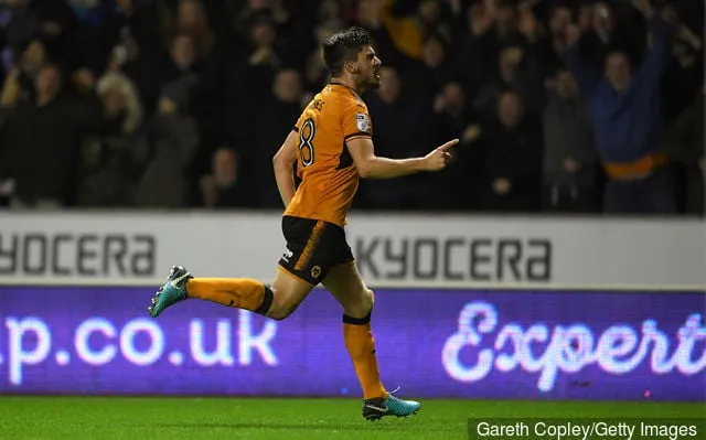 Ruben Neves fra Wolverhampton Wanderers feirer å score åpningsmålet under Sky Bet Championship-kampen mellom Wolverhampton og Brentford på Molineux 2. januar 2018 i...' title='Wolves skaper sitt eget stykke Premier League-historie i Burnley-seieren