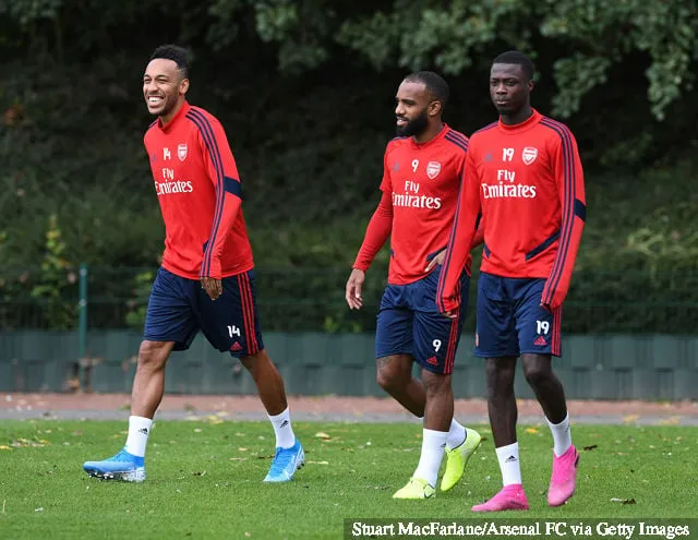 (L-R) Pierre-Emerick Aubameyang Alex Lacazette ja Nicolas Pepe Arsenalista harjoittelussa London Colneyssa 15. elokuuta 2019 St Albansissa Englannissa.' title='Nwankwo Kanu väittää, että joukkueet ovat jo peloissaan Arsenalin Nicolas Pepeä