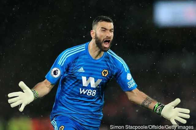 Wolvesin maalivahti Rui Patricio juhlii ensimmäistä maaliaan Valioliigan ottelussa Wolverhampton Wanderersin ja Manchester Unitedin välillä Molineuxissa 2. huhtikuuta 2019 Wolverhamptonissa...' title='Rui Patricio jakaa jotain, minkä hän on huomannut liittyessään Wolvesiin