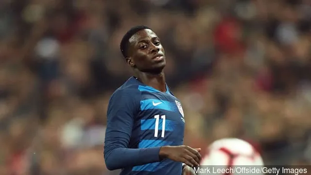 2018년 11월 15일 영국 런던 웸블리 스타디움에서 열린 영국과 미국 간의 국제 친선경기에서 미국의 티모시 웨아.' title=''퓰리시치보다 낫다': 티모시 웨아의 셀틱 이적에 대한 미국 팬들의 반응