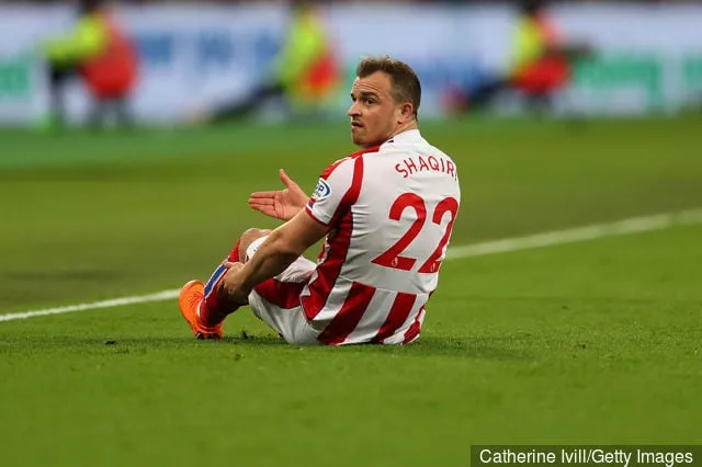 Xherdan Shaqiri di Stoke City durante il match di Premier League tra West Ham United e Stoke City allo stadio di Londra il 16 aprile 2018 a Londra Inghilterra.' title='I tifosi del Liverpool su Twitter vogliono Xherdan Shaqiri dello Stoke City