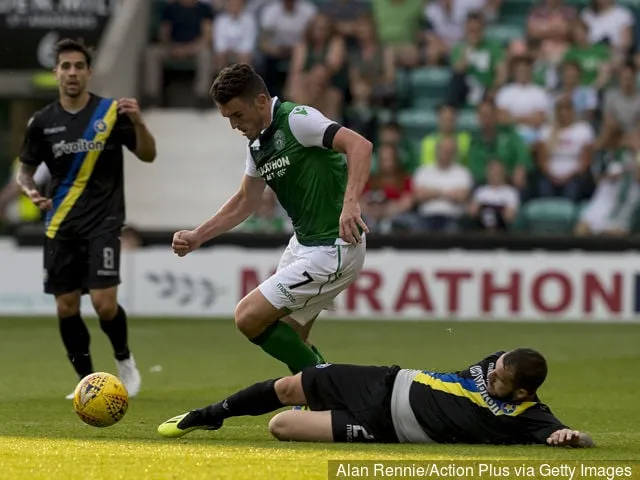 26. juli 2018 Easter Road Edinburgh Skotland; UEFA Europa League 2. kvalifikationsrunde 1. kamp Hibernian mod Asteras Tripolis; John McGinn fra Hibernian springer forbi tacklingen fra...' title='John McGinn sender beskeder til Aston Villa og Hibernian-fans