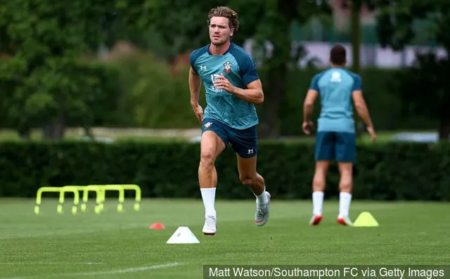Sam Gallagher under en Southampton FC försäsongsträning på Staplewood Campus den 3 juli 2019 i Southampton England.' title='Sam Gallagher skickar ett meddelande till Southampton efter utträde