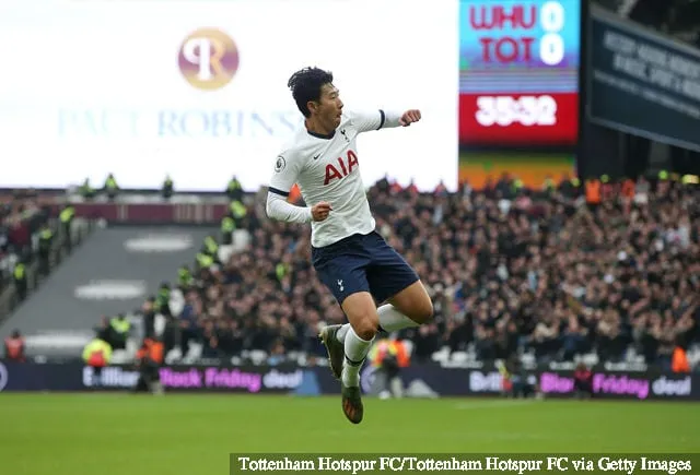 Heung-Min Son fra Tottenham Hotspur feirer etter å ha scoret laget sitt' title='Jose Mourinho sier han er 'forelsket' i Tottenhams Heung-Min Son