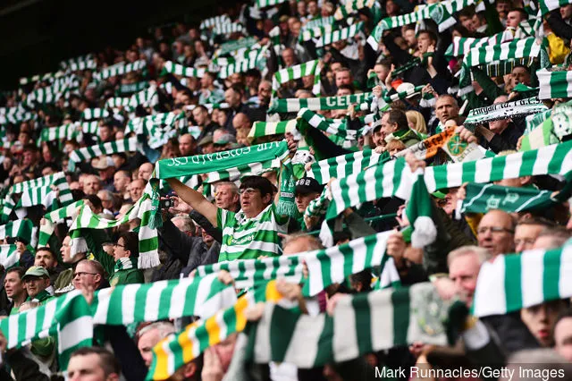 Celtic-fans betuigen hun steun voorafgaand aan de Ladbrokes Scottish Premiership-wedstrijd tussen Celtic en Hearts in Celtic Park op 19 mei 2019 in Glasgow, Schotland.' title='‘Vertelt zijn eigen verhaal’… Livingston maakt op Twitter grapjes over Celtic-fans na de uitslag van gisteravond